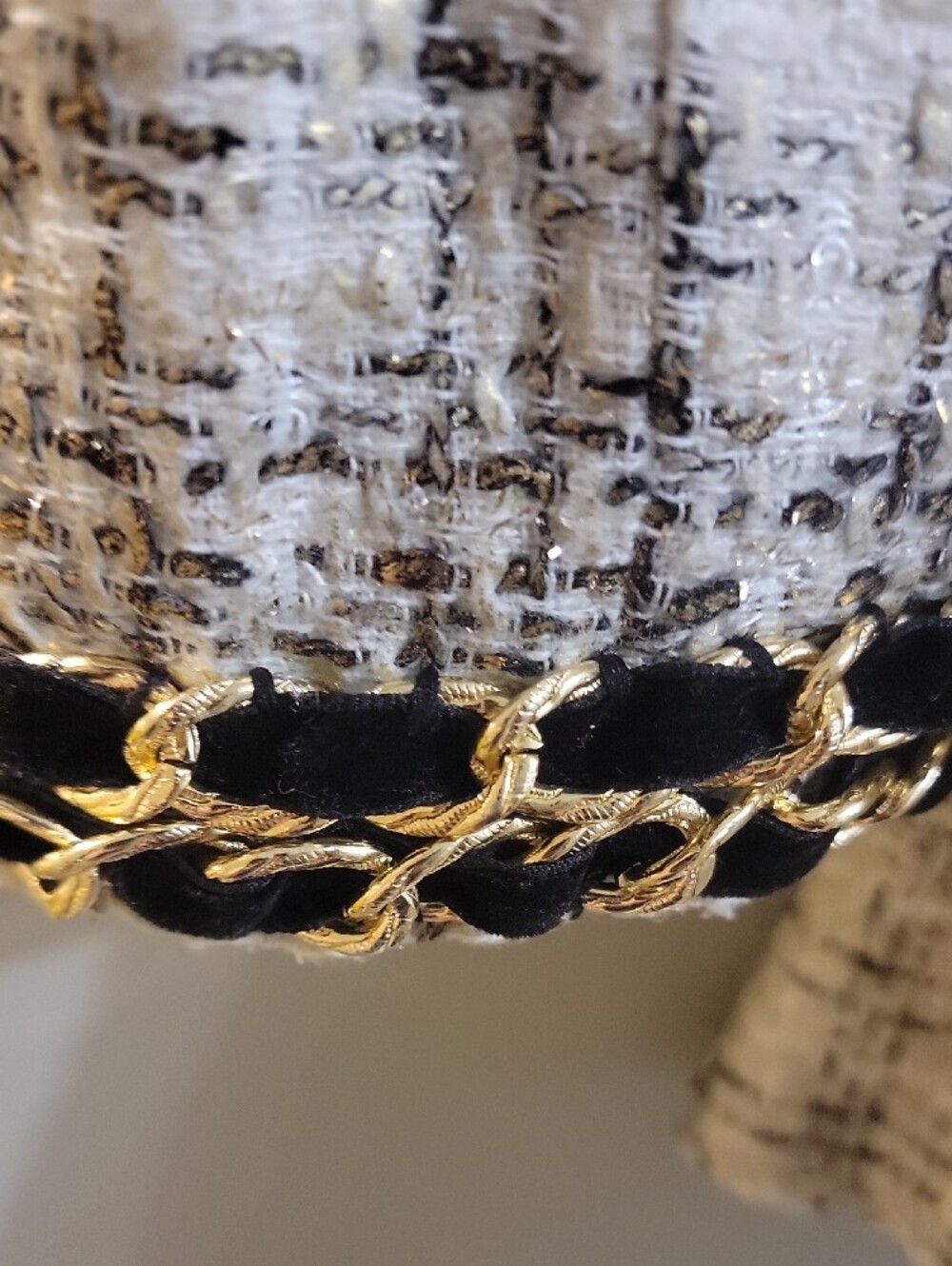 Tweed Peplum Dress with Gold Chain Trim - White & Black - Picture 3 of 5